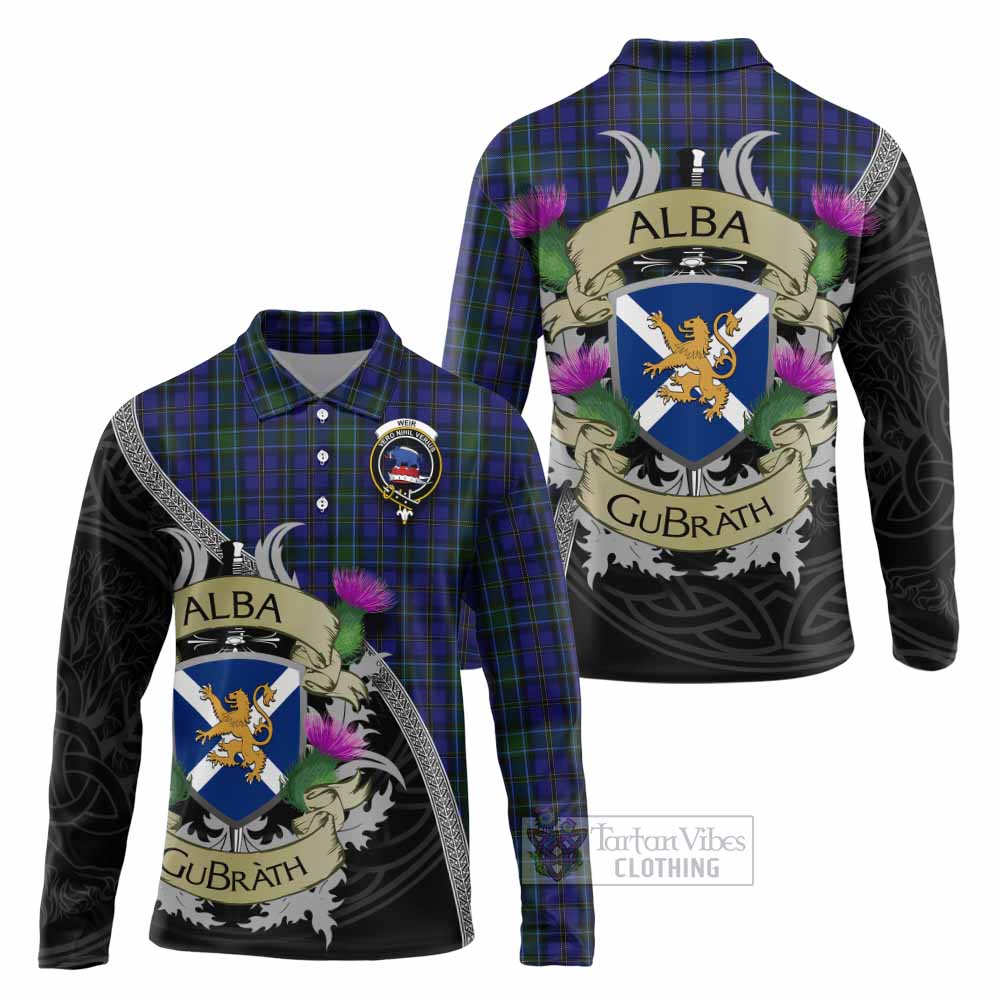 Tartan Vibes Clothing Weir Tartan Family Crest Long Sleeve Polo Shirt Lion Rampant Royal Thistle Shield Celtic Inspired