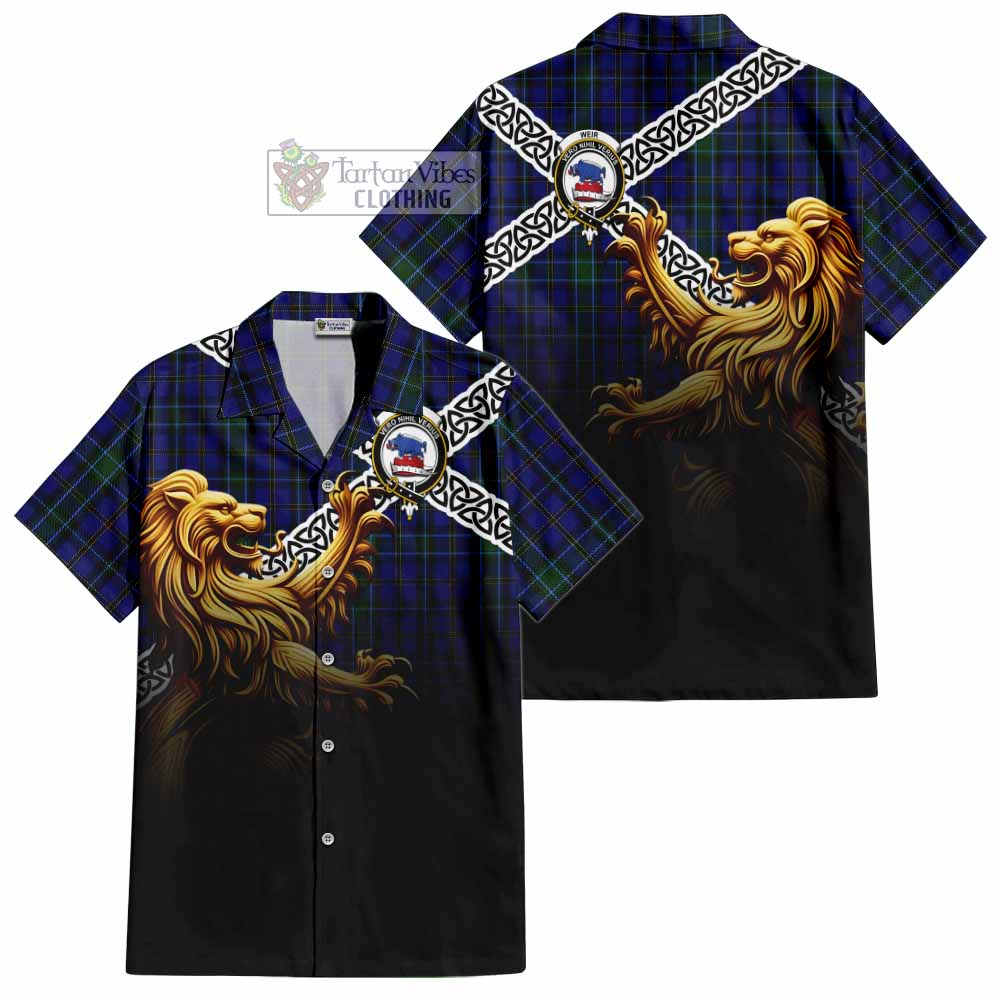 Tartan Vibes Clothing Weir Crest Tartan Short Sleeve Button Shirt with Golden Lion Emblem Celtic Style