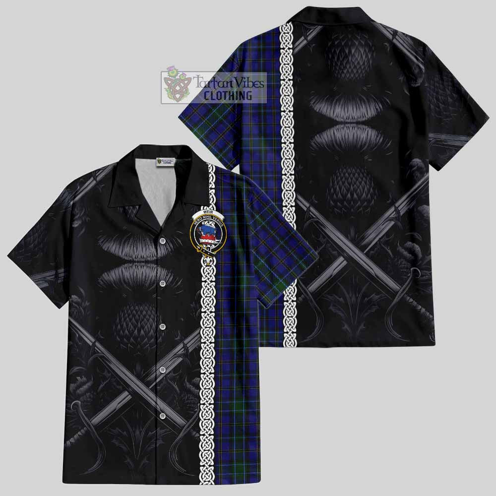 Tartan Vibes Clothing Weir Tartan Short Sleeve Button Shirt with Family Crest Cross Sword Thistle Celtic Vibes