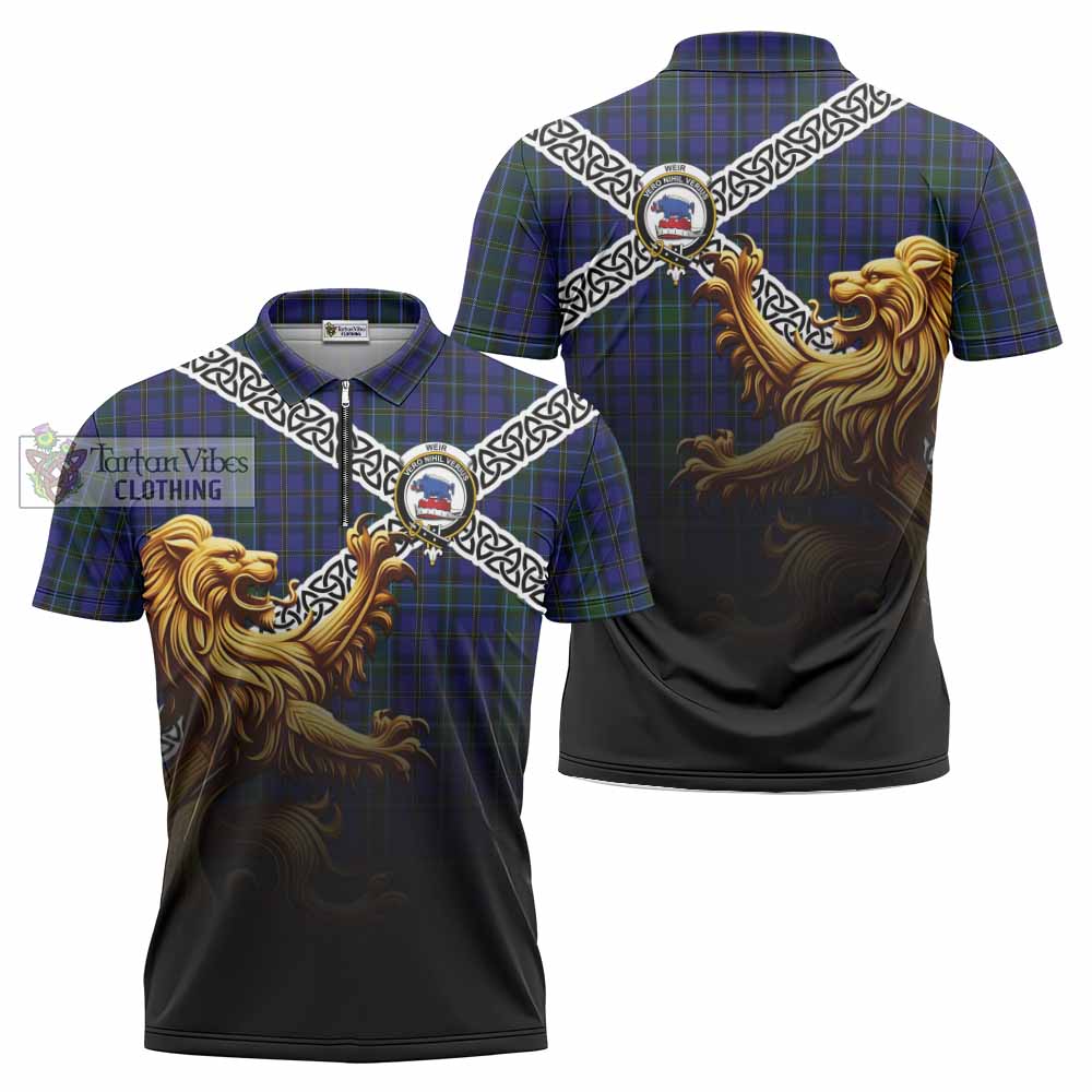 Tartan Vibes Clothing Weir Crest Tartan Zipper Polo Shirt with Golden Lion Emblem Celtic Style