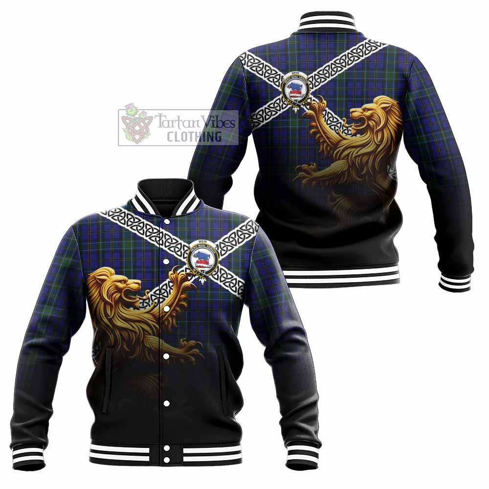 Tartan Vibes Clothing Weir Crest Tartan Baseball Jacket with Golden Lion Emblem Celtic Style