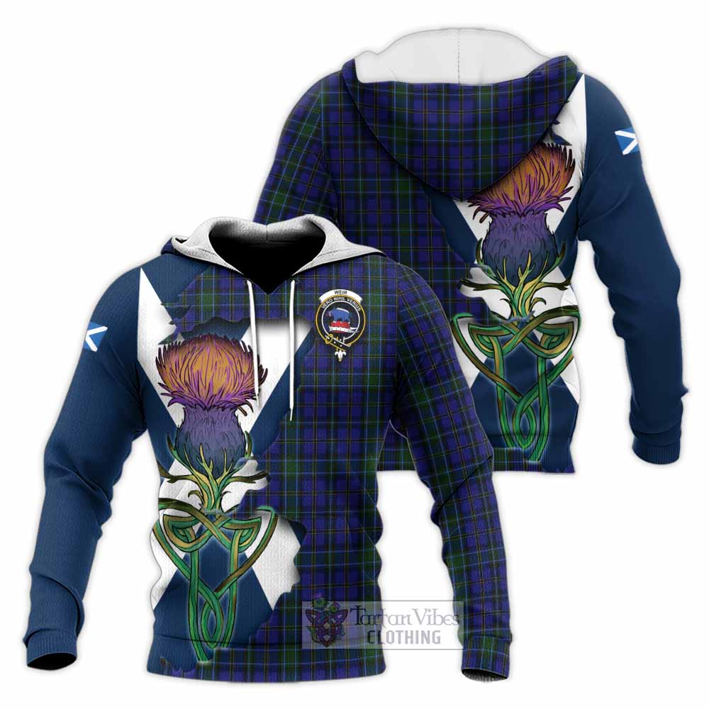 Tartan Vibes Clothing Weir Tartan Family Crest Knitted Hoodie Scottish Thistle Celtic Inspired