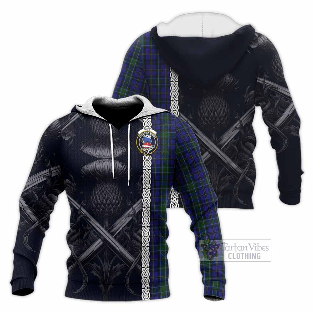 Tartan Vibes Clothing Weir Tartan Knitted Hoodie with Family Crest Cross Sword Thistle Celtic Vibes