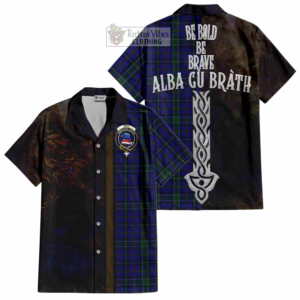 Tartan Vibes Clothing Weir Tartan Family Crest Short Sleeve Button Shirt Alba Gu Brath Be Brave Lion Ancient Style