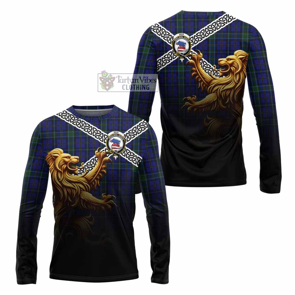 Tartan Vibes Clothing Weir Crest Tartan Long Sleeve T-Shirt with Golden Lion Emblem Celtic Style