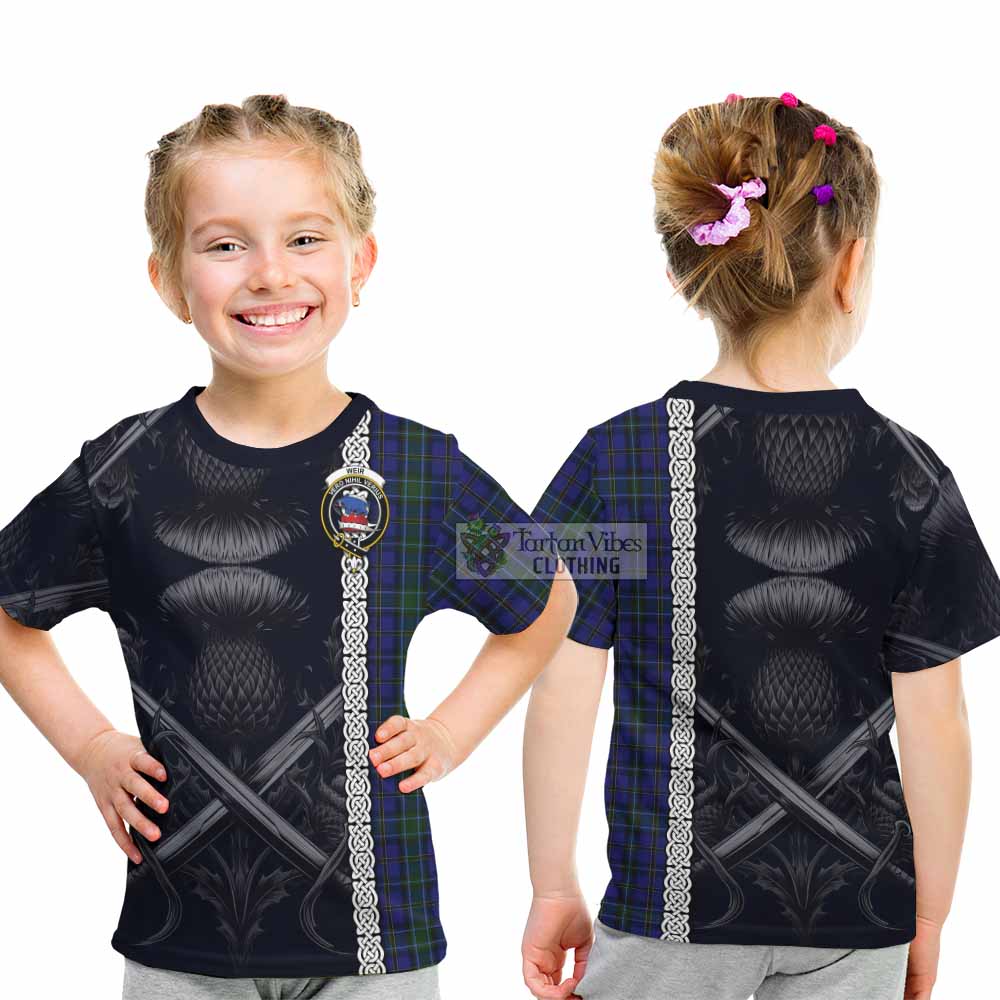 Tartan Vibes Clothing Weir Tartan Kid T-Shirt with Family Crest Cross Sword Thistle Celtic Vibes