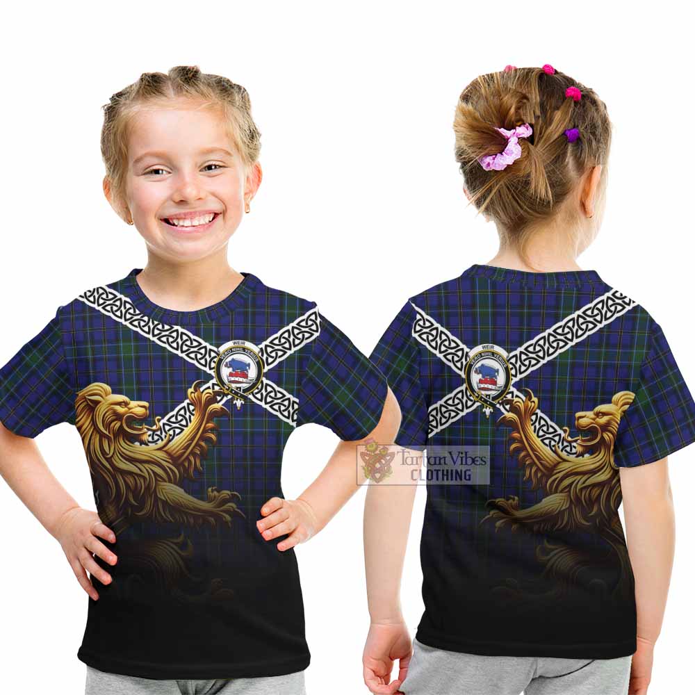 Tartan Vibes Clothing Weir Crest Tartan Kid T-Shirt with Golden Lion Emblem Celtic Style