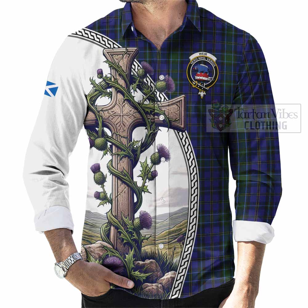 Tartan Vibes Clothing Weir Tartan Long Sleeve Button Shirt with Family Crest and St. Andrew's Cross Accented by Thistle Vines