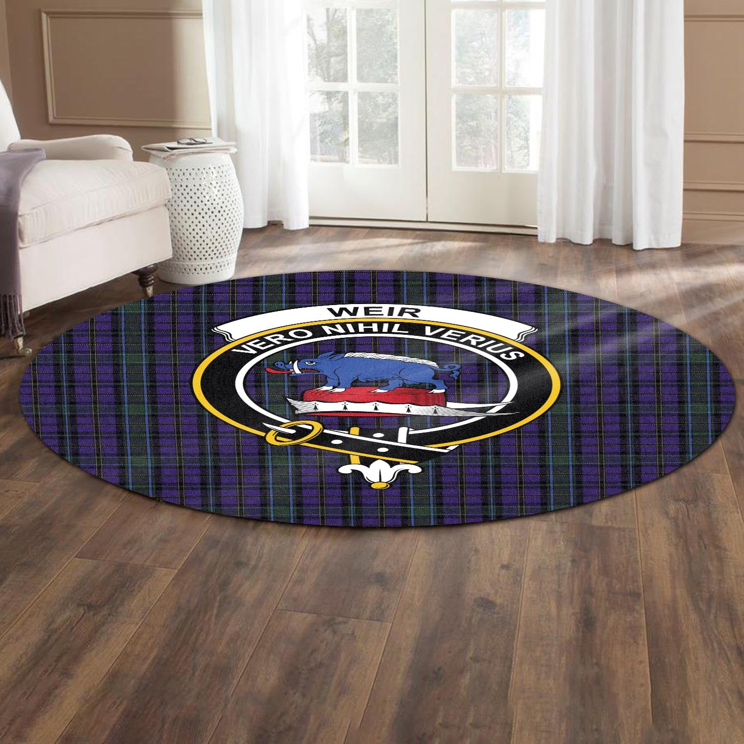 weir-tartan-round-rug-with-family-crest