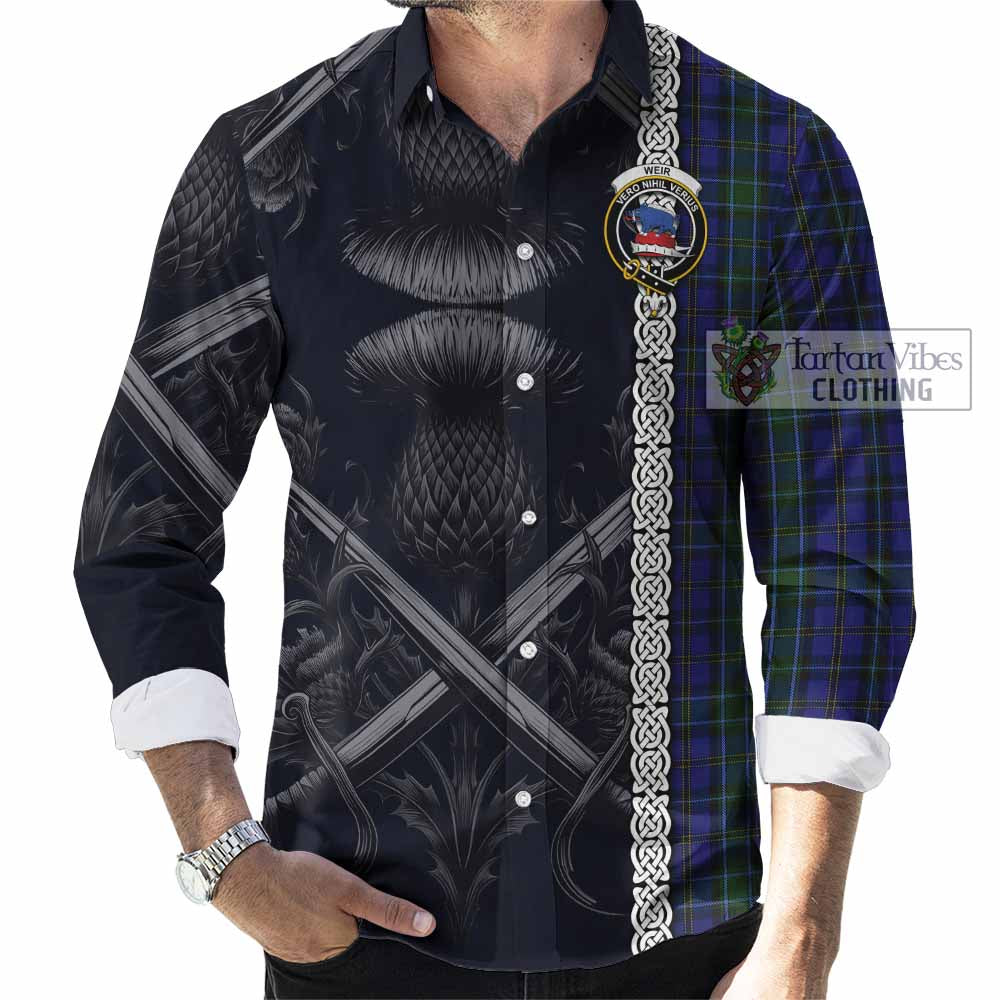 Tartan Vibes Clothing Weir Tartan Long Sleeve Button Shirt with Family Crest Cross Sword Thistle Celtic Vibes