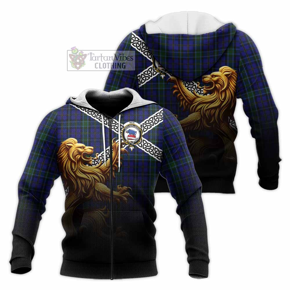 Tartan Vibes Clothing Weir Crest Tartan Knitted Hoodie with Golden Lion Emblem Celtic Style