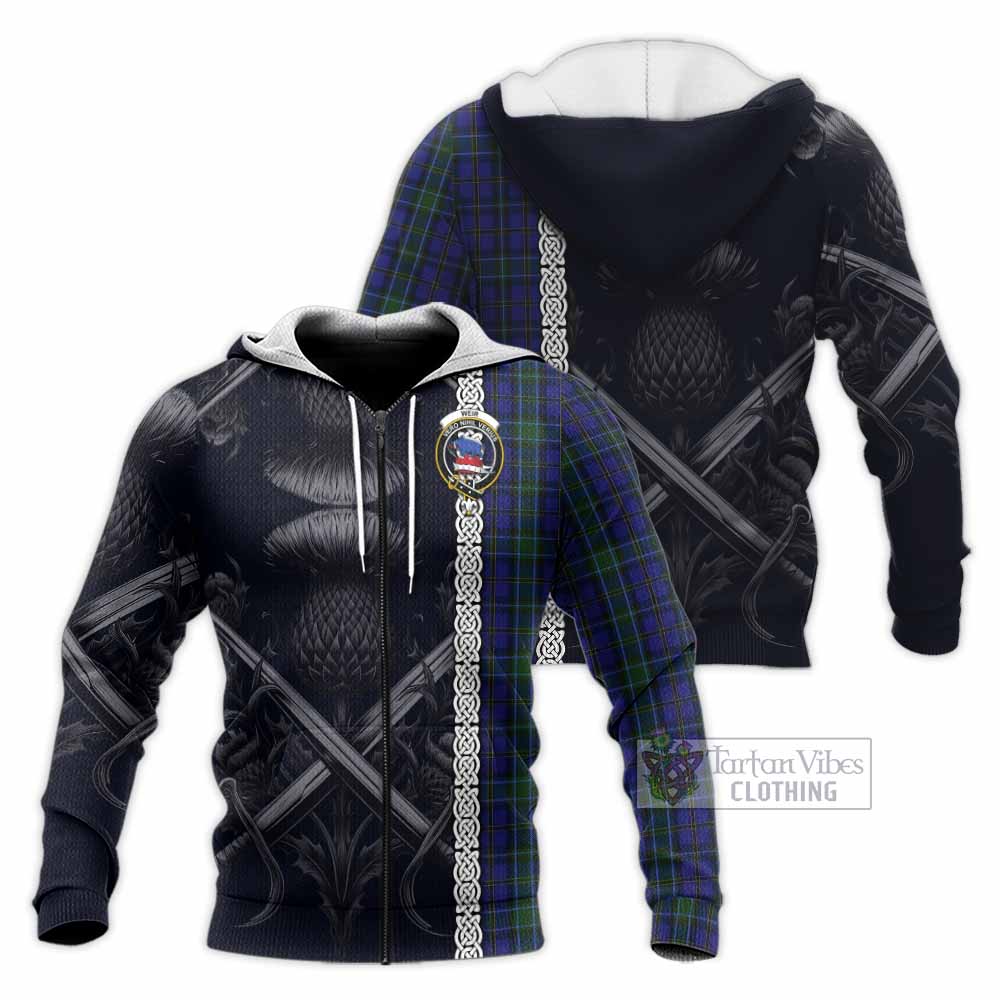 Tartan Vibes Clothing Weir Tartan Knitted Hoodie with Family Crest Cross Sword Thistle Celtic Vibes