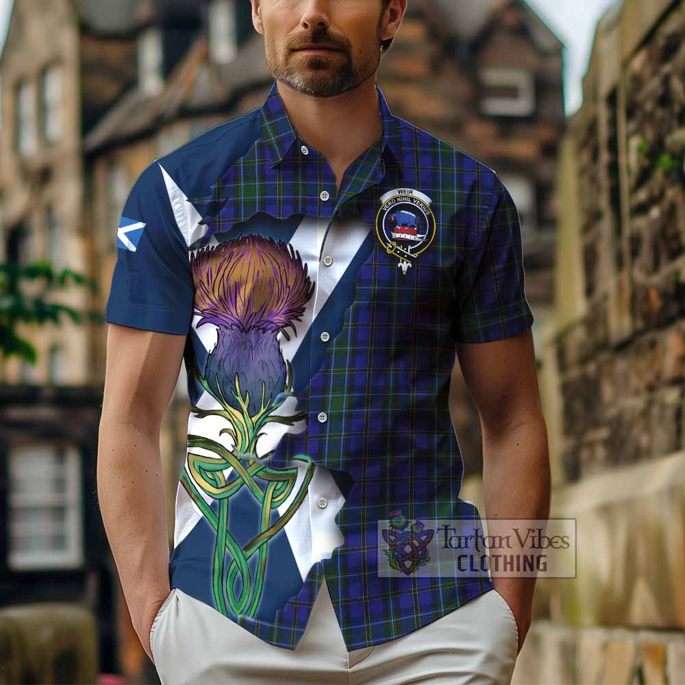 Tartan Vibes Clothing Weir Tartan Family Crest Short Sleeve Button Shirt Scottish Thistle Celtic Inspired