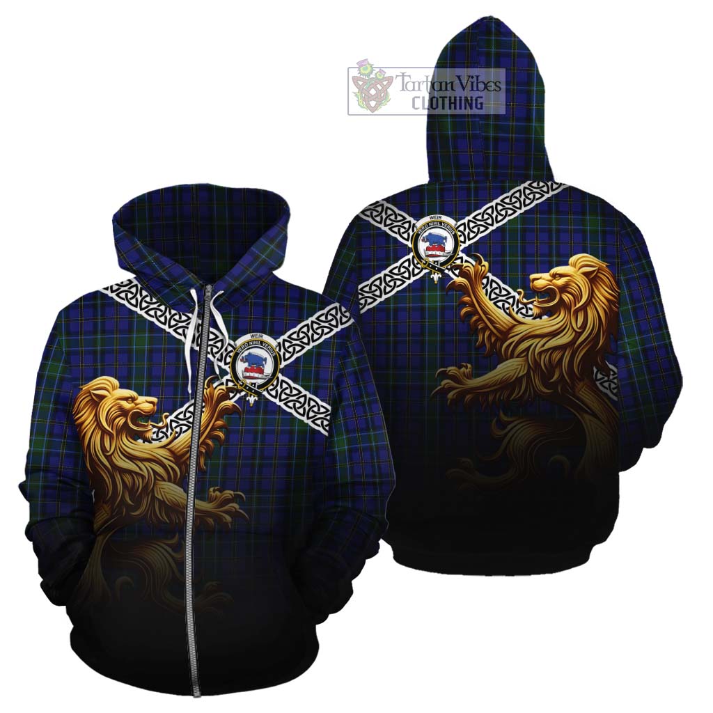 Tartan Vibes Clothing Weir Crest Tartan Cotton Hoodie with Golden Lion Emblem Celtic Style