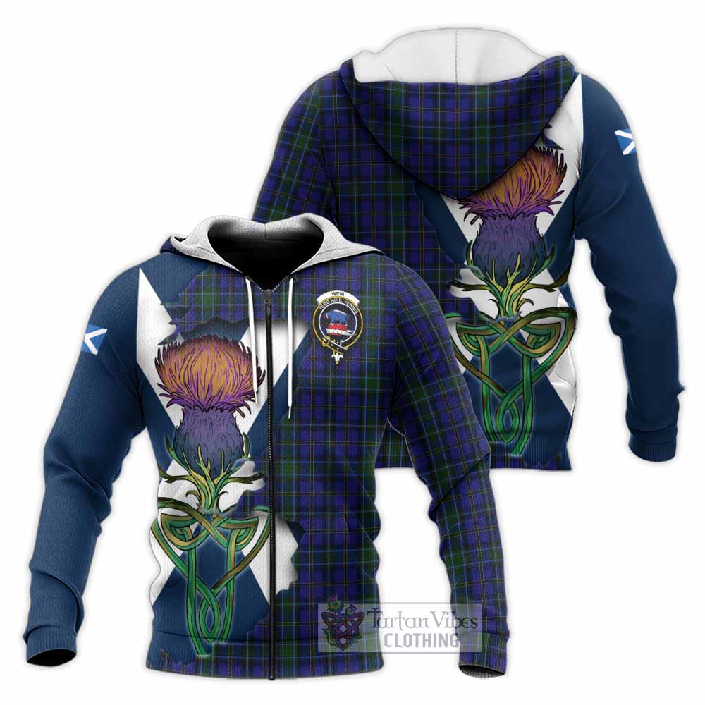 Tartan Vibes Clothing Weir Tartan Family Crest Knitted Hoodie Scottish Thistle Celtic Inspired