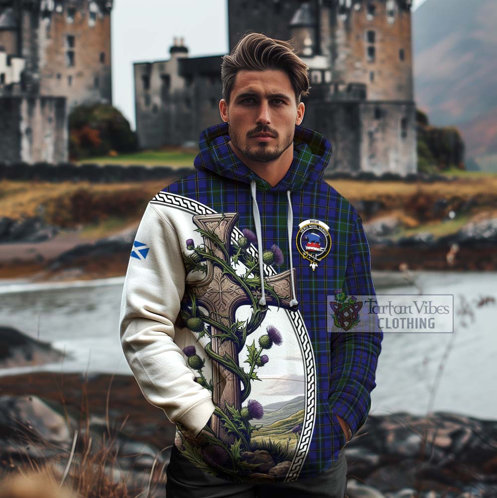 Tartan Vibes Clothing Weir Tartan Cotton Hoodie with Family Crest and St. Andrew's Cross Accented by Thistle Vines