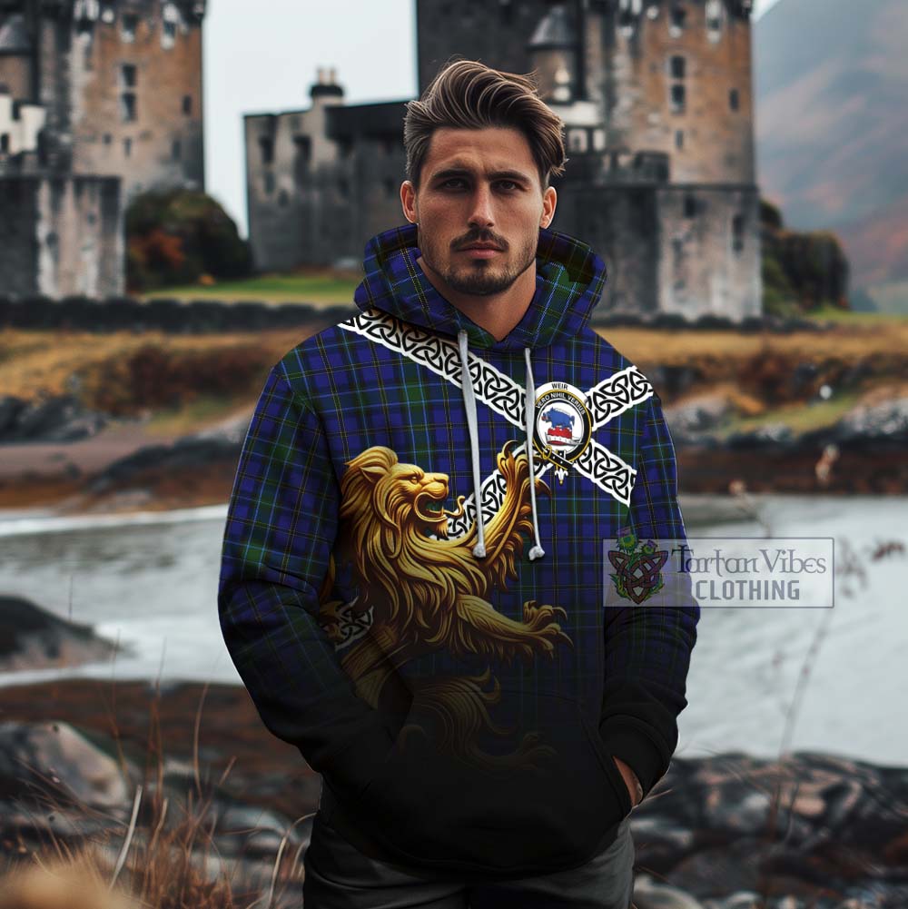 Tartan Vibes Clothing Weir Crest Tartan Cotton Hoodie with Golden Lion Emblem Celtic Style