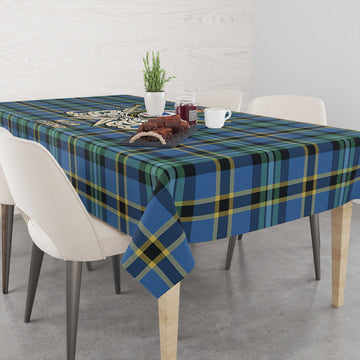 Weir Ancient Tartan Tablecloth with Clan Crest and the Golden Sword of Courageous Legacy