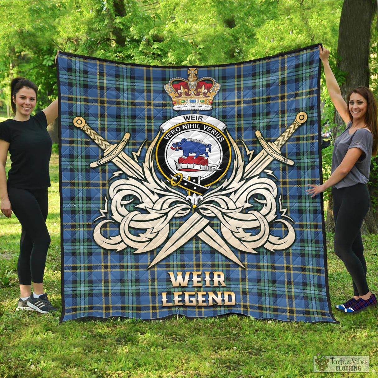 Tartan Vibes Clothing Weir Ancient Tartan Quilt with Clan Crest and the Golden Sword of Courageous Legacy