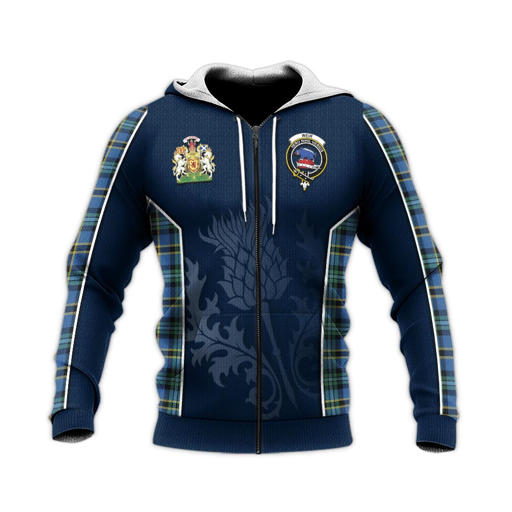 Tartan Vibes Clothing Weir Ancient Tartan Knitted Hoodie with Family Crest and Scottish Thistle Vibes Sport Style