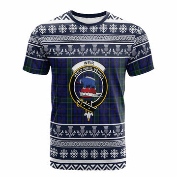 Weir Clan Tartan Christmas Cotton T-shirt with Family Crest