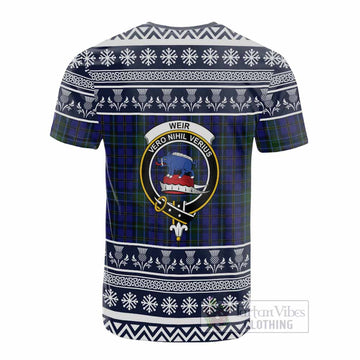 Weir Clan Tartan Christmas Cotton T-shirt with Family Crest