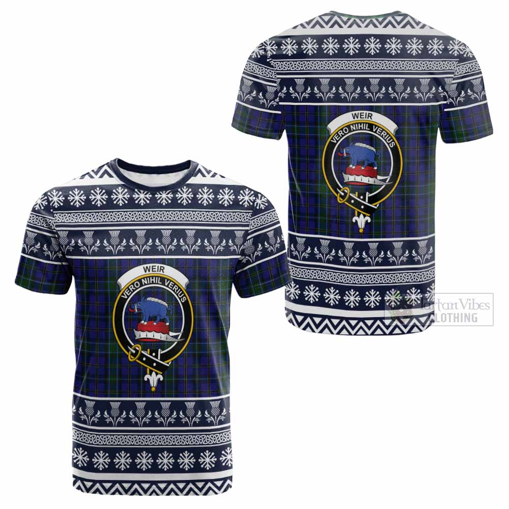 Weir Clan Tartan Christmas Cotton T-shirt with Family Crest - Tartan Vibes Clothing