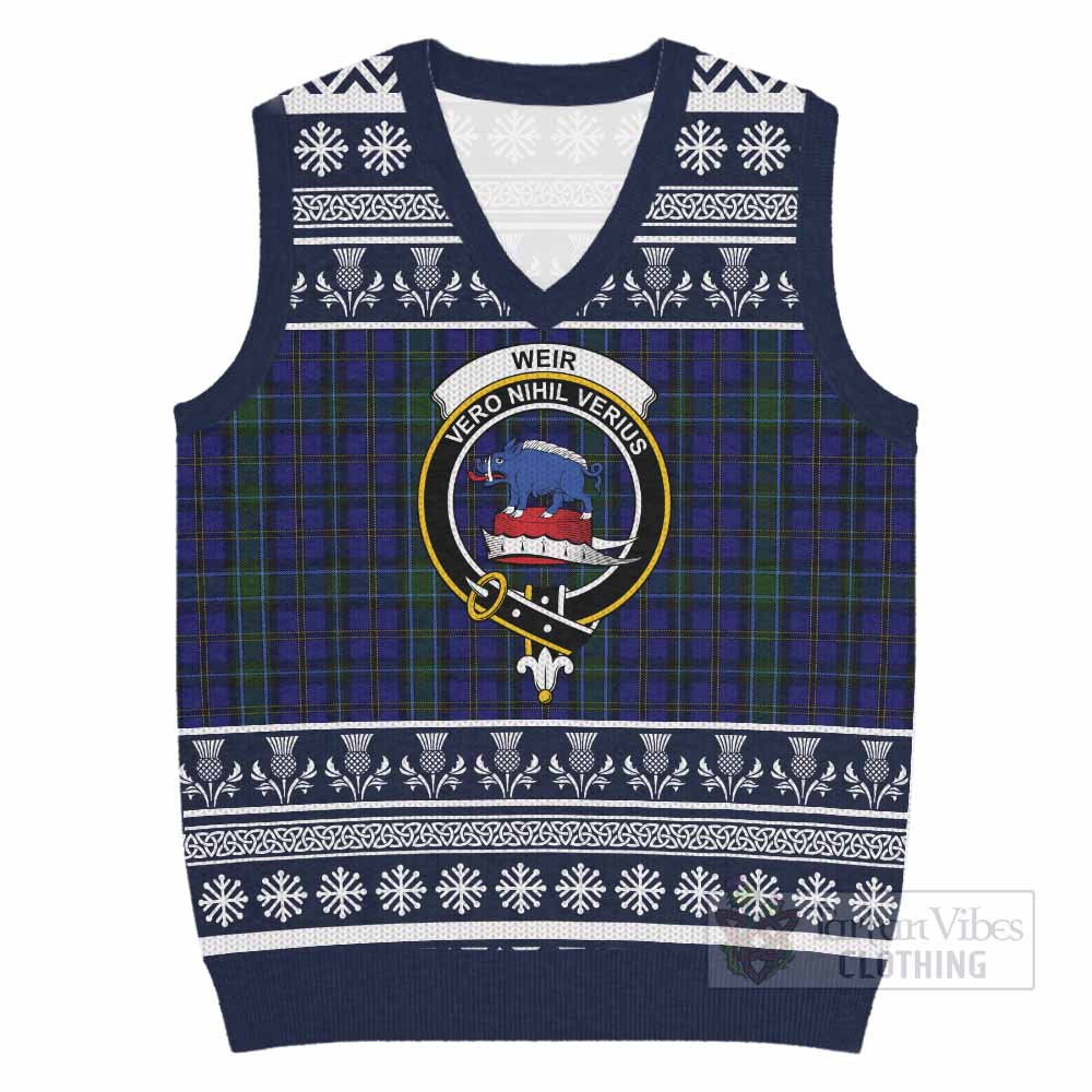 Weir Clan Tartan Christmas Knitted V-Neck Vest with Family Crest - Tartan Vibes Clothing