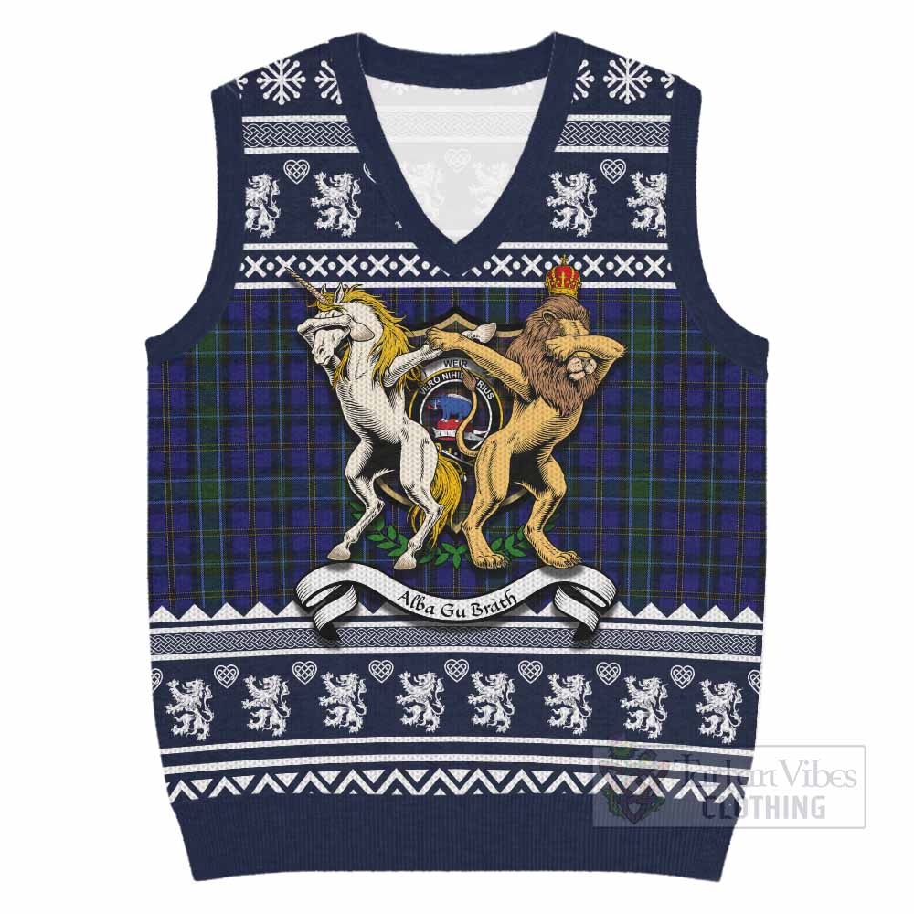 Weir Clan Tartan Crest Christmas Knitted V-Neck Vest Coat of Arms Funny Style - Tartan Vibes Clothing