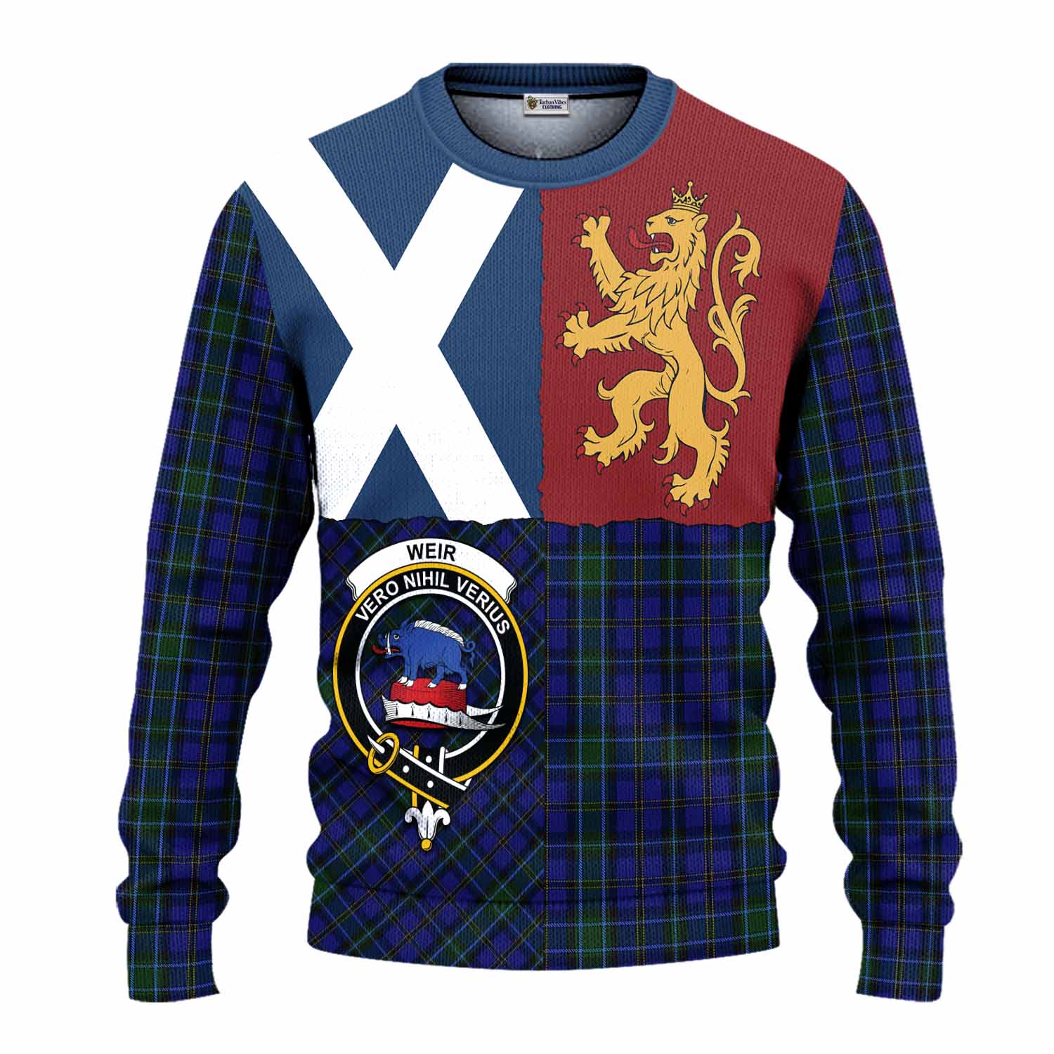 Weir Crest Tartan Knitted Sweater with Lion Rampant Saltire Style
