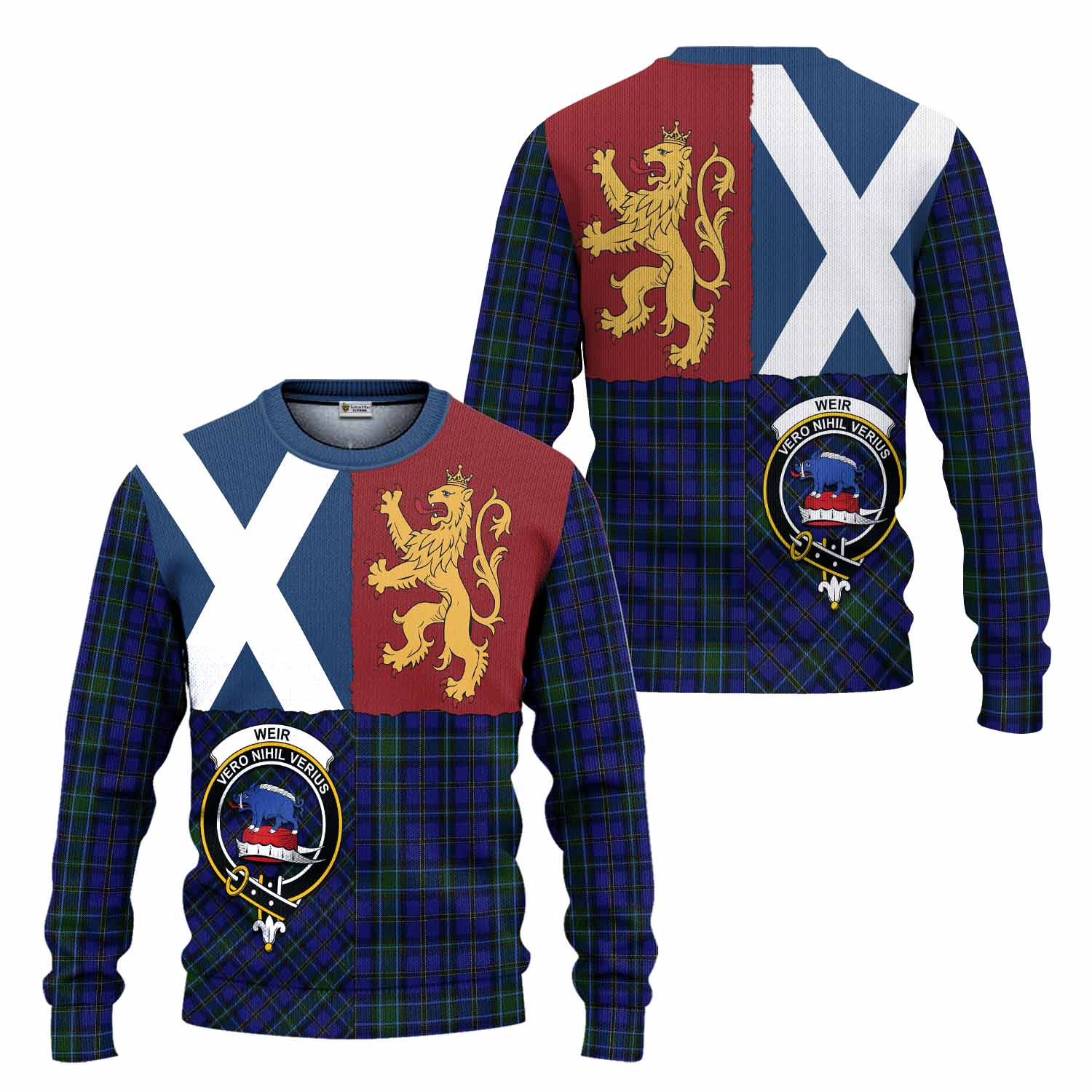 Weir Crest Tartan Knitted Sweater with Lion Rampant Saltire Style