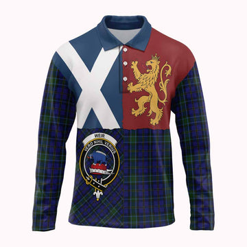 Weir Crest Tartan Long Sleeve Polo Shirt with Lion Rampant Saltire Style