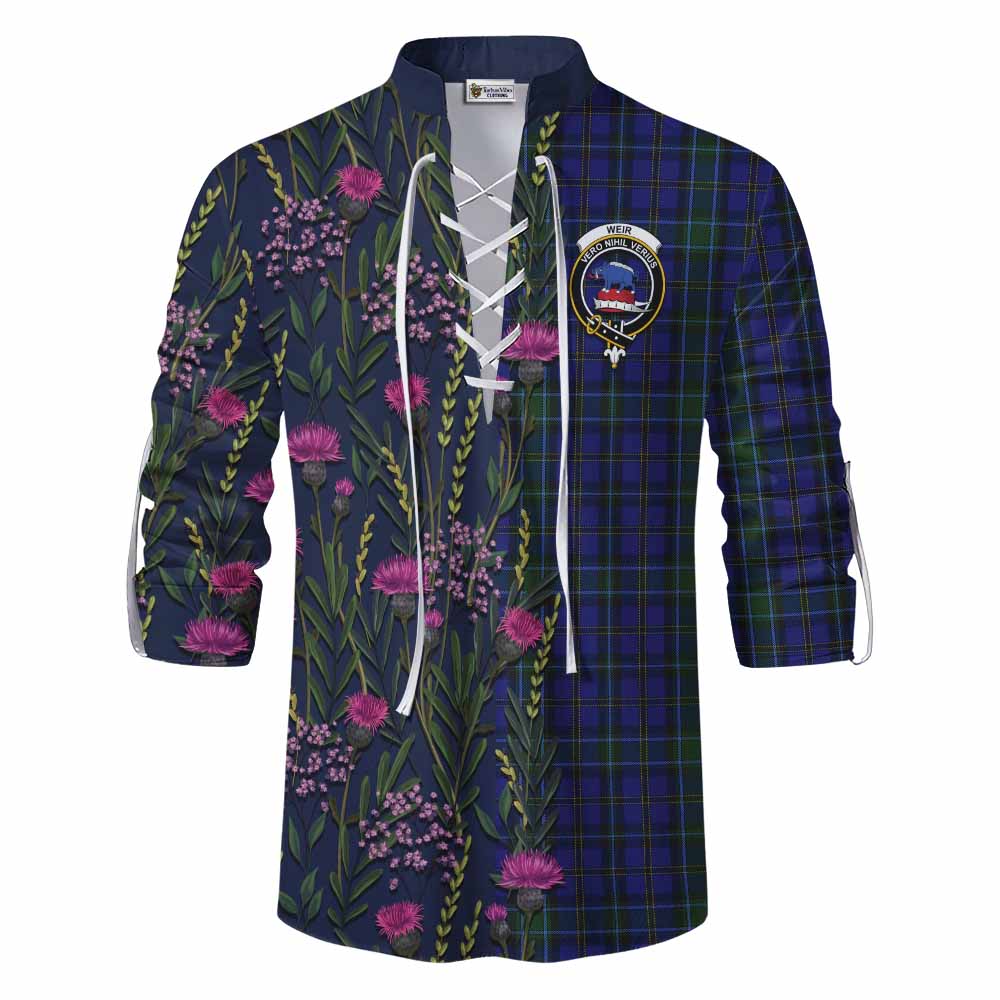 Weir Family Crest Tartan Ghillie Shirt Scottish Thistle Flower Pattern Half Style - Tartan Vibes Clothing