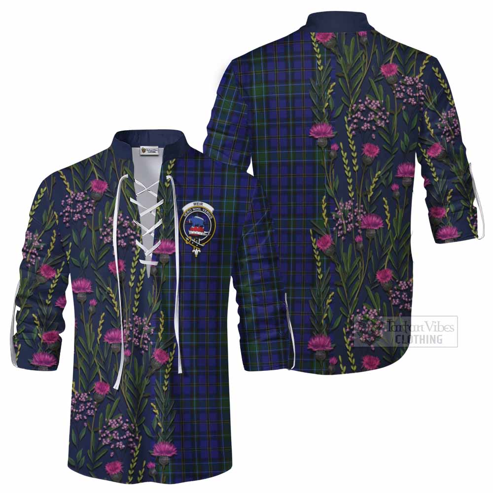 Weir Family Crest Tartan Ghillie Shirt Scottish Thistle Flower Pattern Half Style - Tartan Vibes Clothing