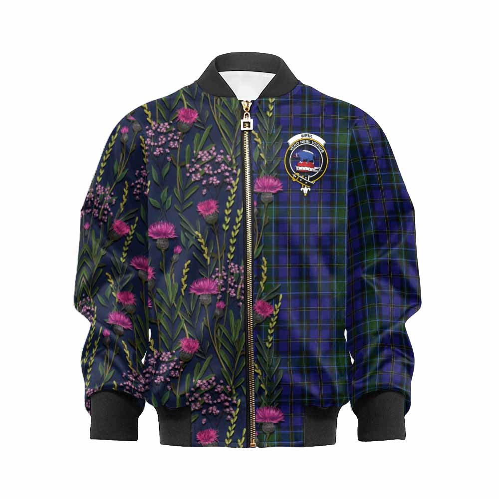 Weir Family Crest Tartan Kid Bomber Jacket Scottish Thistle Flower Pattern Half Style - Tartan Vibes Clothing