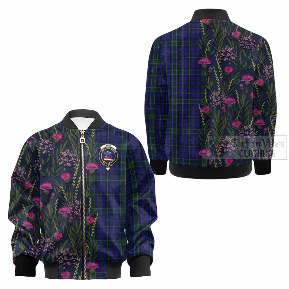 Weir Family Crest Tartan Kid Bomber Jacket Scottish Thistle Flower Pattern Half Style - Tartan Vibes Clothing