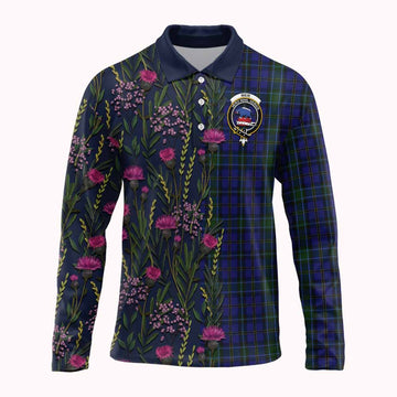 Weir Family Crest Tartan Long Sleeve Polo Shirt Scottish Thistle Flower Pattern Half Style