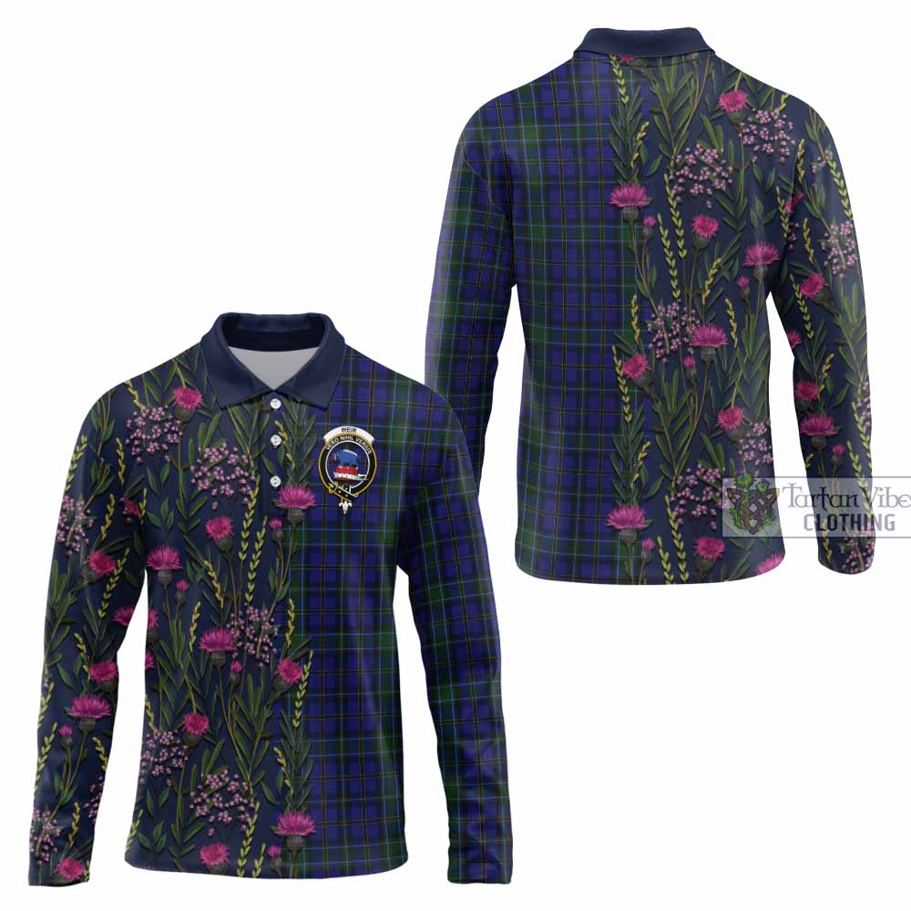 Weir Family Crest Tartan Long Sleeve Polo Shirt Scottish Thistle Flower Pattern Half Style - Tartan Vibes Clothing
