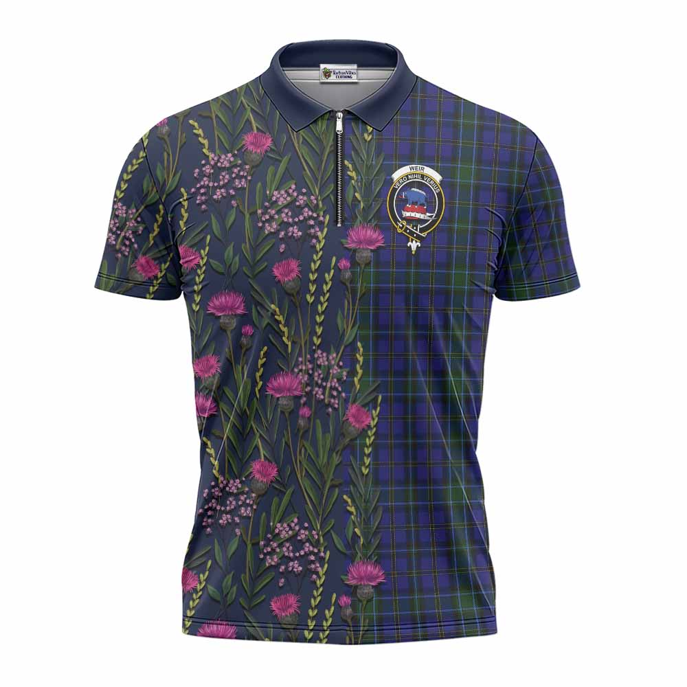 Weir Family Crest Tartan Zipper Polo Shirt Scottish Thistle Flower Pattern Half Style - Tartan Vibes Clothing