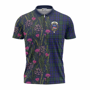 Weir Family Crest Tartan Zipper Polo Shirt Scottish Thistle Flower Pattern Half Style