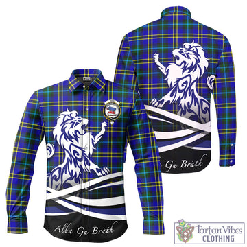 Weir Modern Tartan Long Sleeve Button Up Shirt with Alba Gu Brath Regal Lion Emblem