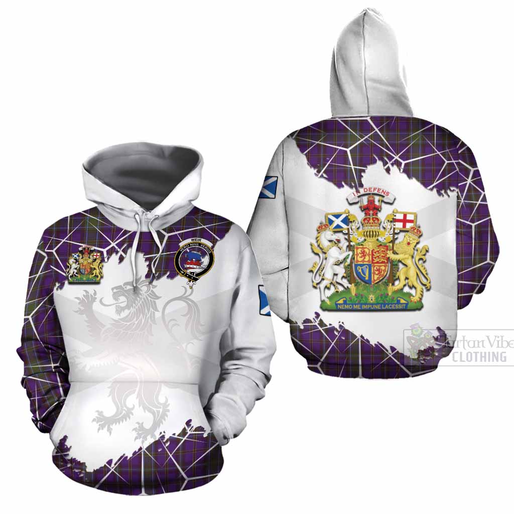 Weir Tartan Cotton Hoodie with Family Crest and Lion Rampant Grunge Style