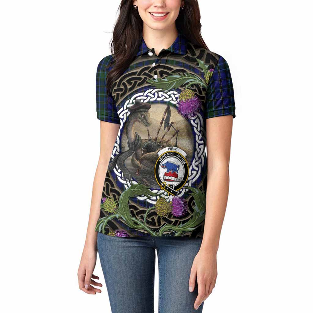 Weir Tartan Crest Bagpipe Nessie Women Polo Shirt Scottish Loch Ness Monster Celtic Thistle