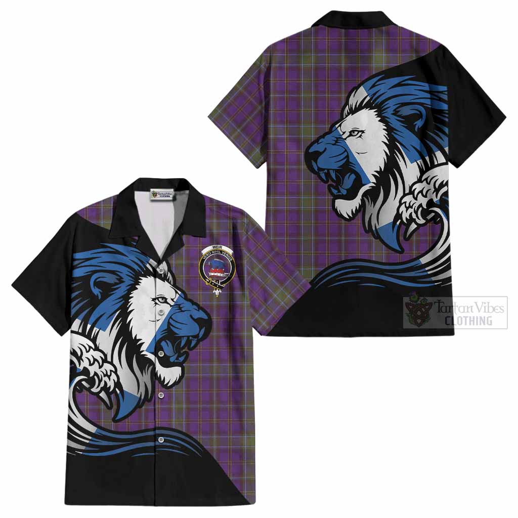 Weir Tartan Crest Cotton Hawaiian Shirt Scottish Golden Lions Wave Flow