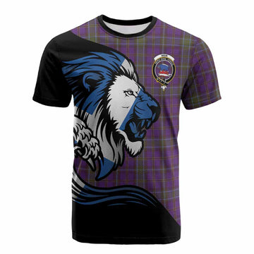 Weir Tartan Crest Cotton T-shirt Scottish Golden Lions Wave Flow