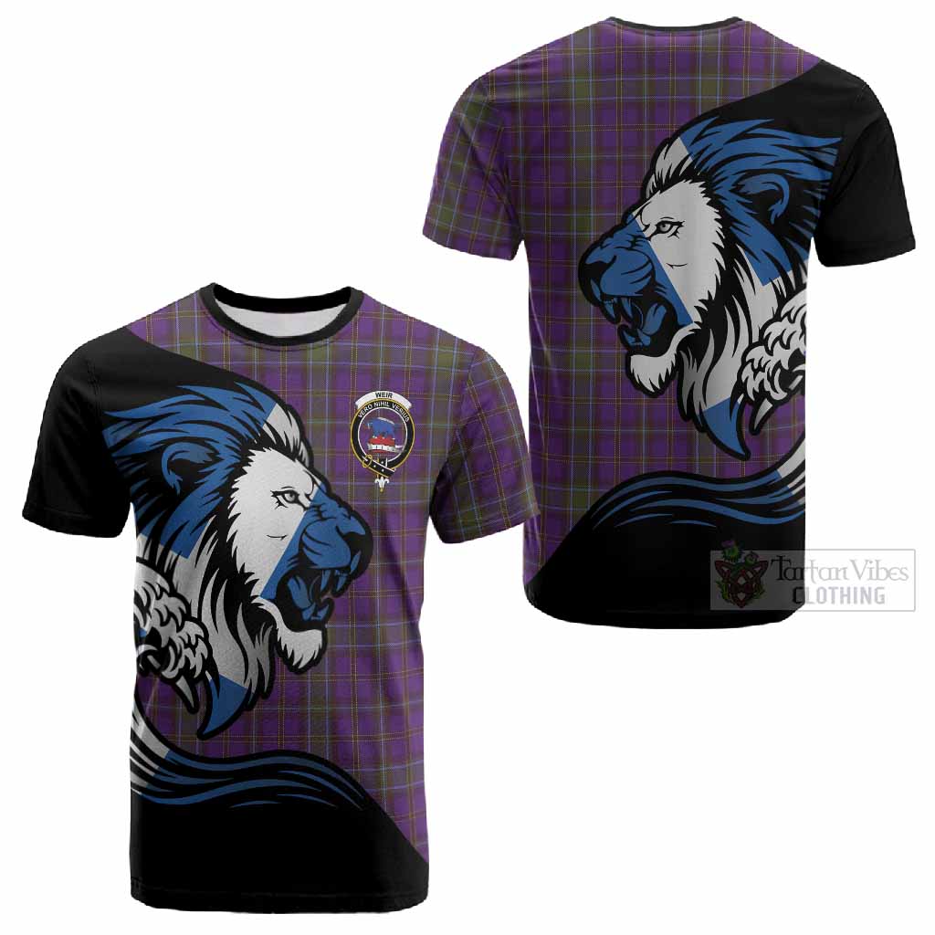 Weir Tartan Crest Cotton T-shirt Scottish Golden Lions Wave Flow