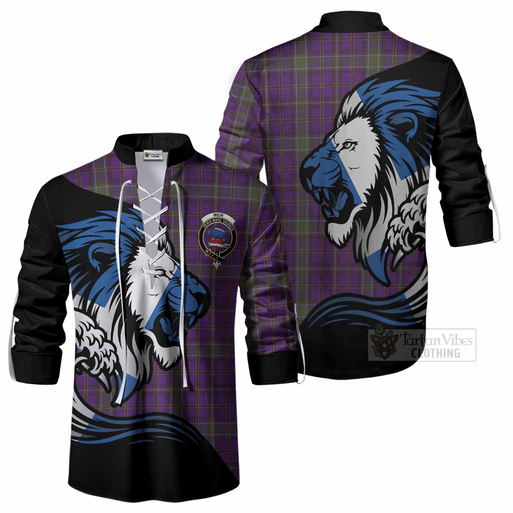 Weir Tartan Crest Ghillie Shirt Scottish Golden Lions Wave Flow