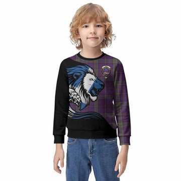 Weir Tartan Crest Kid Knitted Sweatshirt Scottish Golden Lions Wave Flow