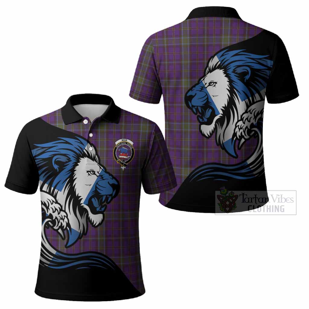 Weir Tartan Crest Polo Shirt Scottish Golden Lions Wave Flow