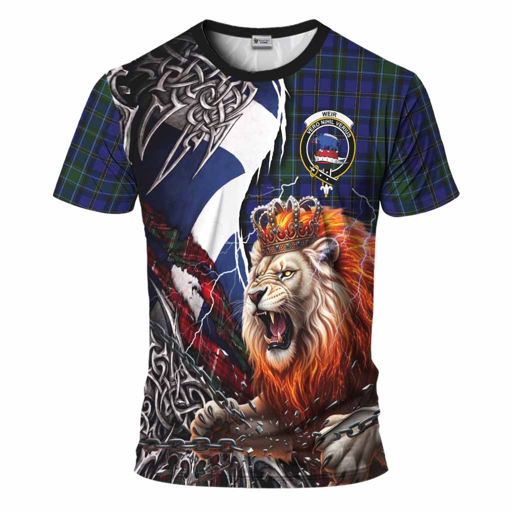 Weir Tartan Crest T-Shirt Heritage Flag Grunge Celtic Knot and Lion Rampant